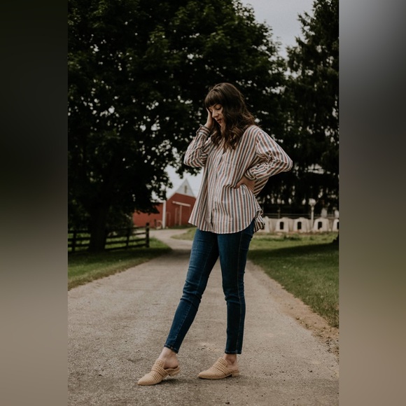 Sézane Max Shirt in Blue Ecru Burgundy Stripes FR 42 / US 10 - Picture 11 of 16